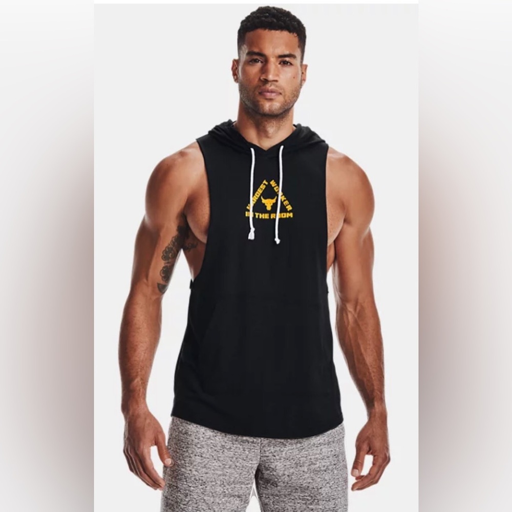 Preowned Men’s Project Rock Sleeveless Hoodie Large. Hardest worker in the Room
